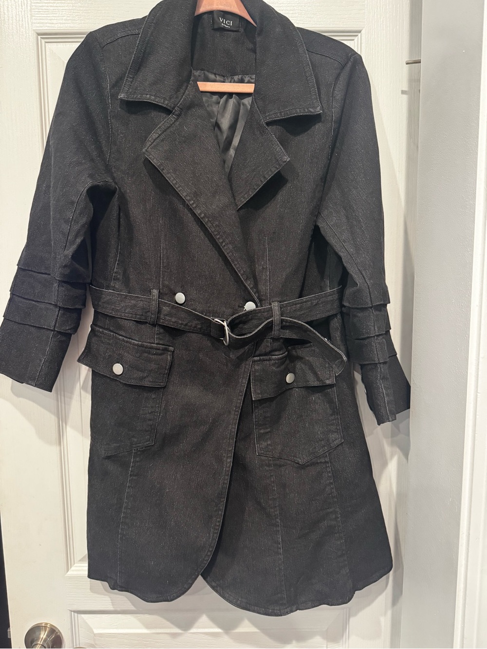 VICI Women's Black Denim Belted wrap dress.  Size L. Only worn once